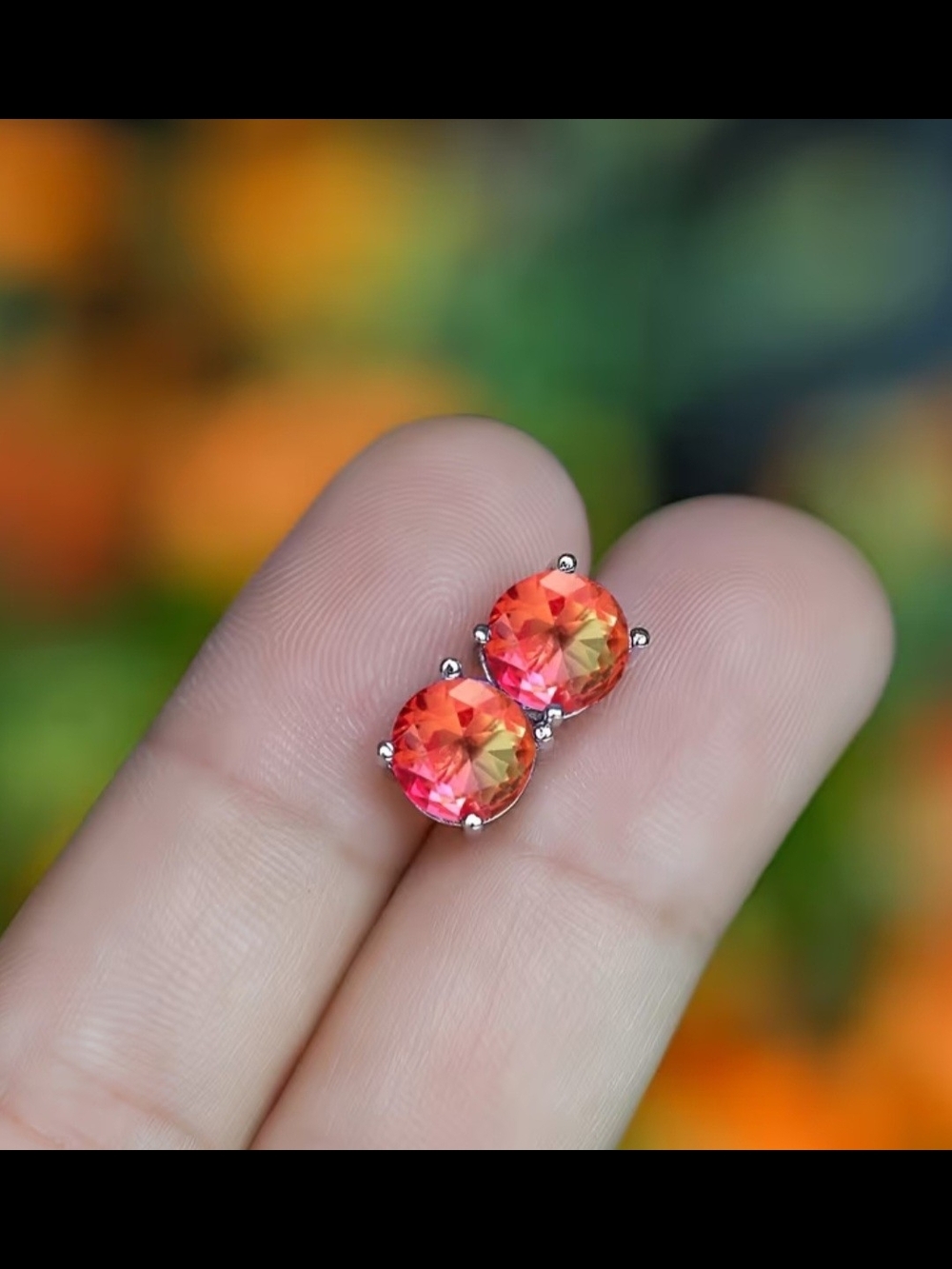 Vibrant Orange-Pink Crystal Stud Earrings - Women Jewelry